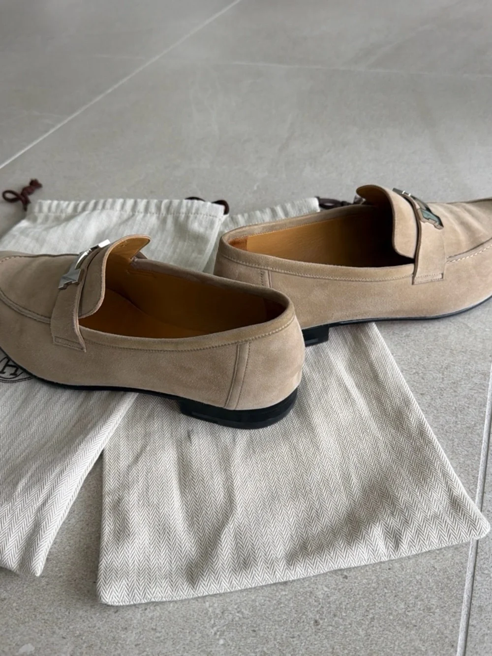 Hermes Beige Suede Men's Paris Loafers with Silver H Buckle